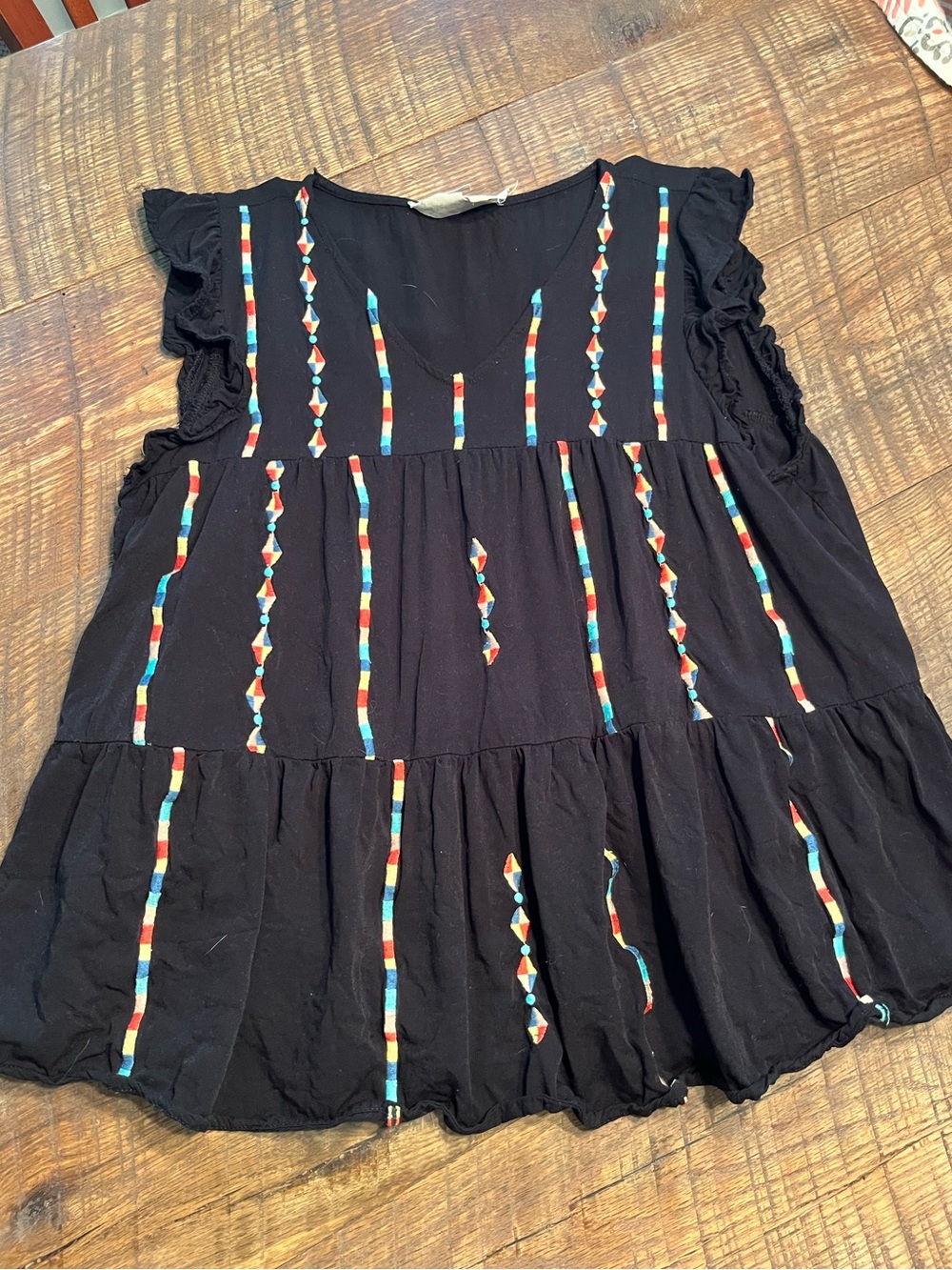 Black Multicolored Embroidered Ruffle Top